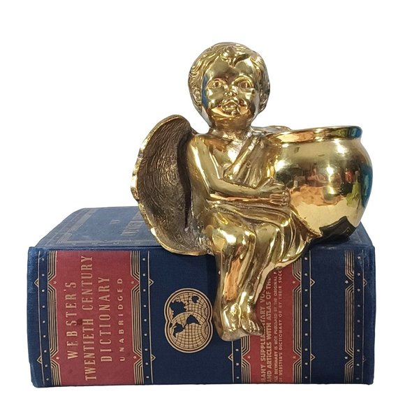 Brass Cherub Angel Putti Mid Century Shelf Sitting Sitter Planter Vase Vintage - Picture 2 of 9